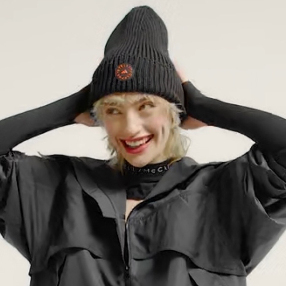 NWT Adidas By Stella McCartney Black Ribbed Knit Beanie with Orange Logo - Picture 8 of 13